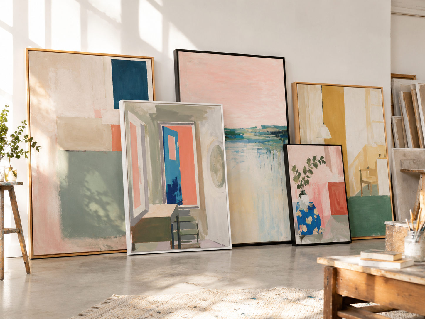 Framed art prints leaning against a studio wall